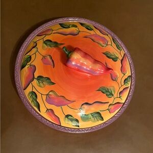 Clay Art Hand Painted Chili Fiesta Tortilla Warmer w/ Lid